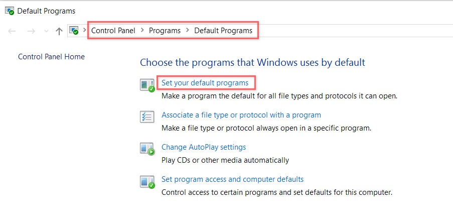 Set Default Programs panel