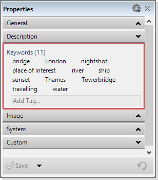 The keyword list in the Properties Panel