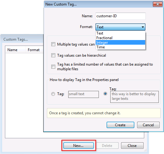 Click on the "Create" button to create and adjust a new custom tag